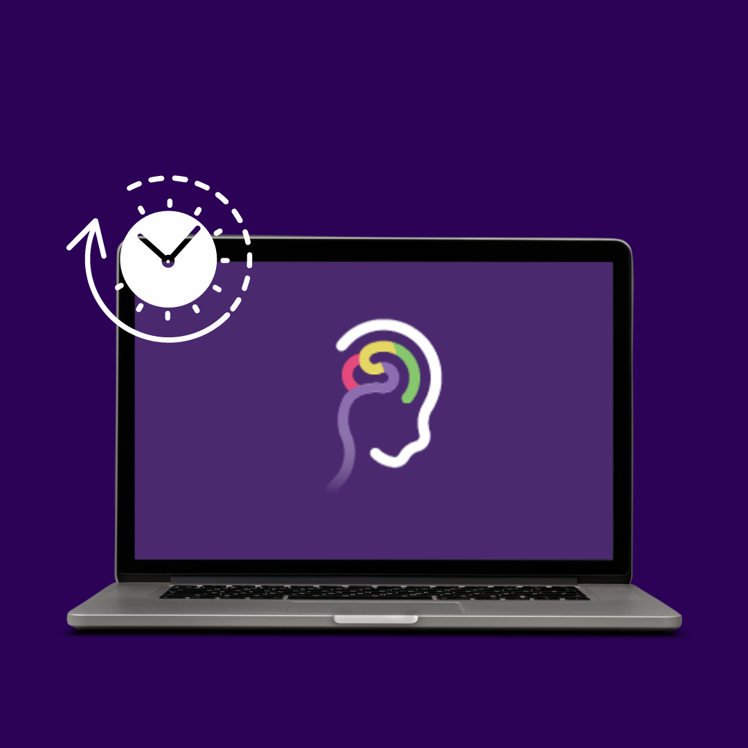 a laptop screen with the ineurorehab logo with an icon showing a clock with a dashed arrow circling the clock.