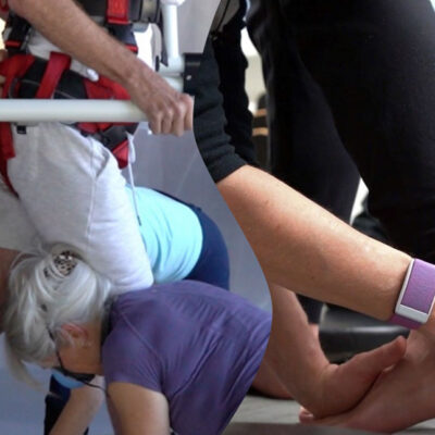 a photo of a physiotherapist working with a clients lower leg, ankle and foot on a body weight support treadmill